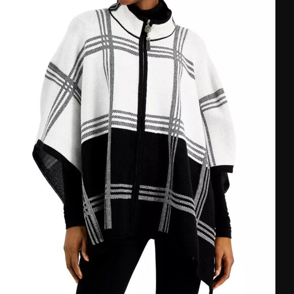 ANNE KLEIN PLAID Paned Cape Black White Camellia PONCHO - Picture 2 of 5
